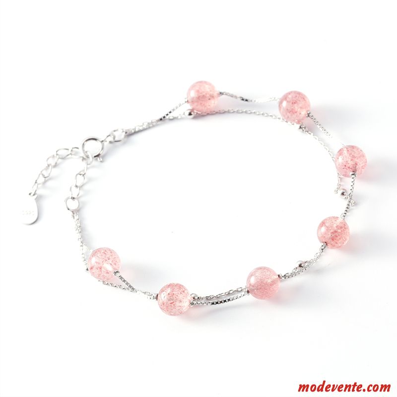 Bracelets Femme Étudiant Fraise Naturel Pure Fleur Couche Double Rose Argent