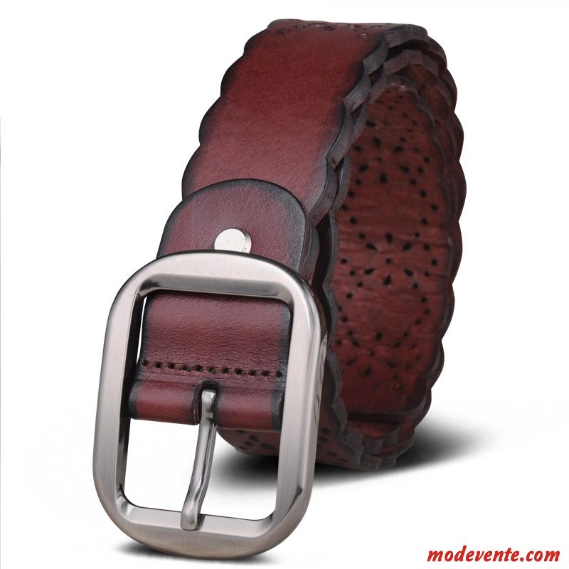 Ceinture Femme Creux Cuir Véritable Boucle Mode Couche De Tête Rétro Marron