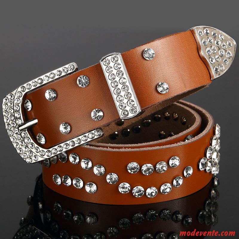 Ceinture Femme Diamant Cuir De Vache Mode Pierres De Strass Cuir Véritable All-match Marron