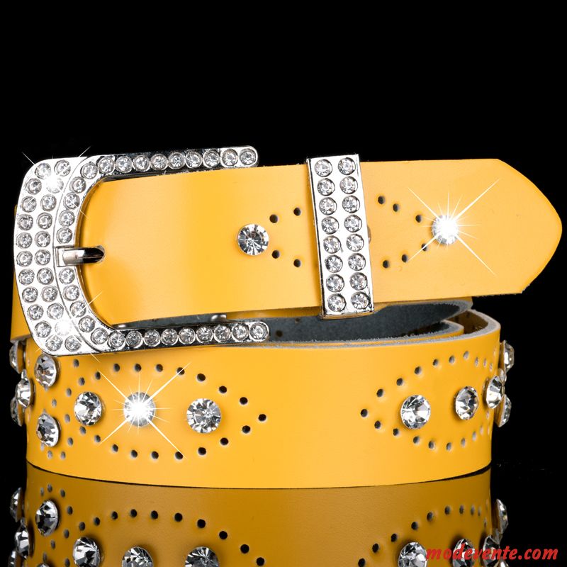 Ceinture Femme Décoration Jeans Creux Cuir De Vache All-match Pierres De Strass Blanc Jaune