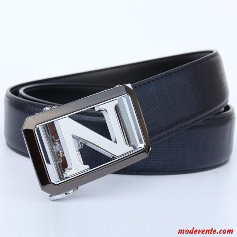 Ceinture Homme Boucle Automatique Cuir Véritable Loisir Mode Lettre Tendance Bleu Noir