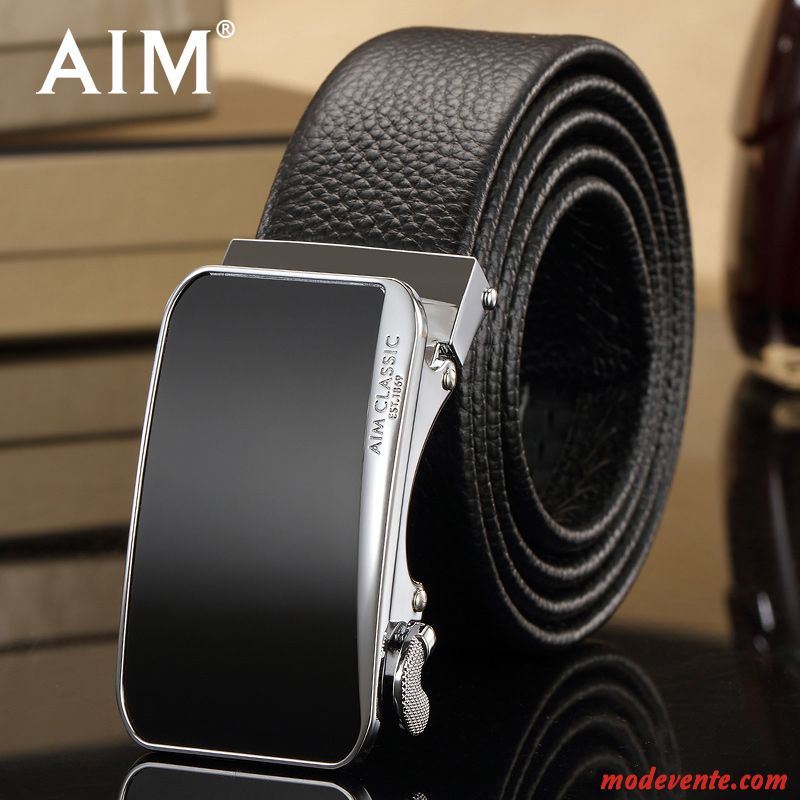 Ceinture Homme Boucle Automatique Âge Moyen Entreprise Jeunesse Cuir Véritable Cuir De Vache Noir