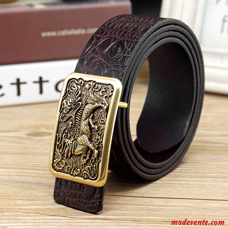 Ceinture Homme Couche De Tête Cuir De Vache Cuir Véritable Crocodile Modèle Lisse Rétro Marron Or