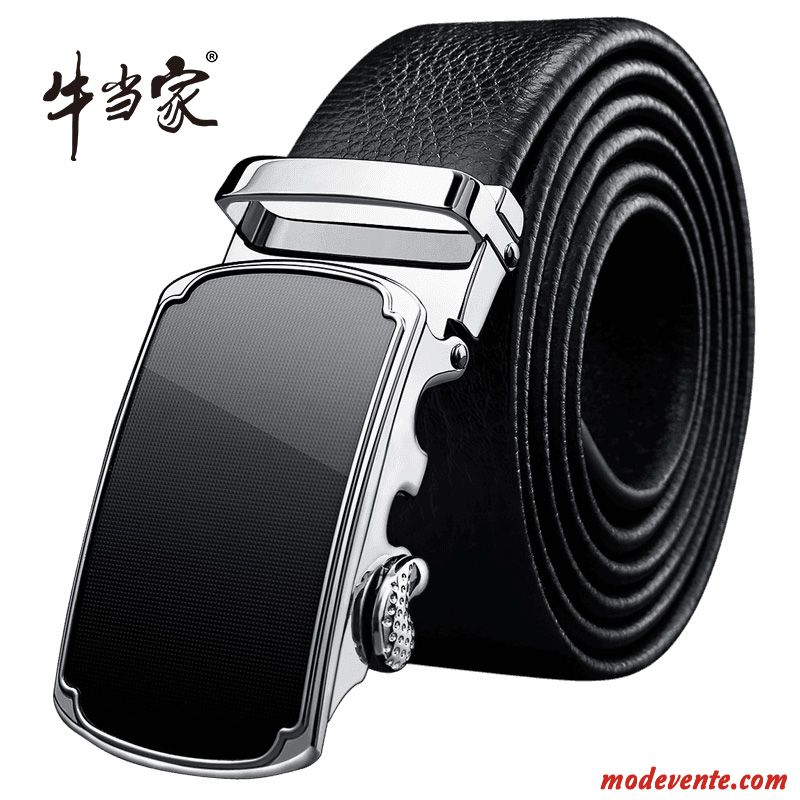 Ceinture Homme Couche De Tête Jeunesse Cuir De Vache Âge Moyen Cuir Véritable Boucle Automatique Noir