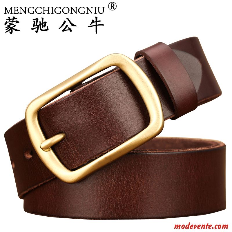 Ceinture Homme Mode Cuir De Vache Jeunesse Boucle Couche De Tête Cuir Véritable Marron