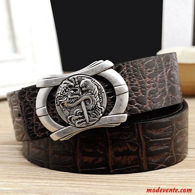 Ceinture Homme Tendance Rétro Cuir De Vache Jeunesse Lisse Couche De Tête Marron Argent