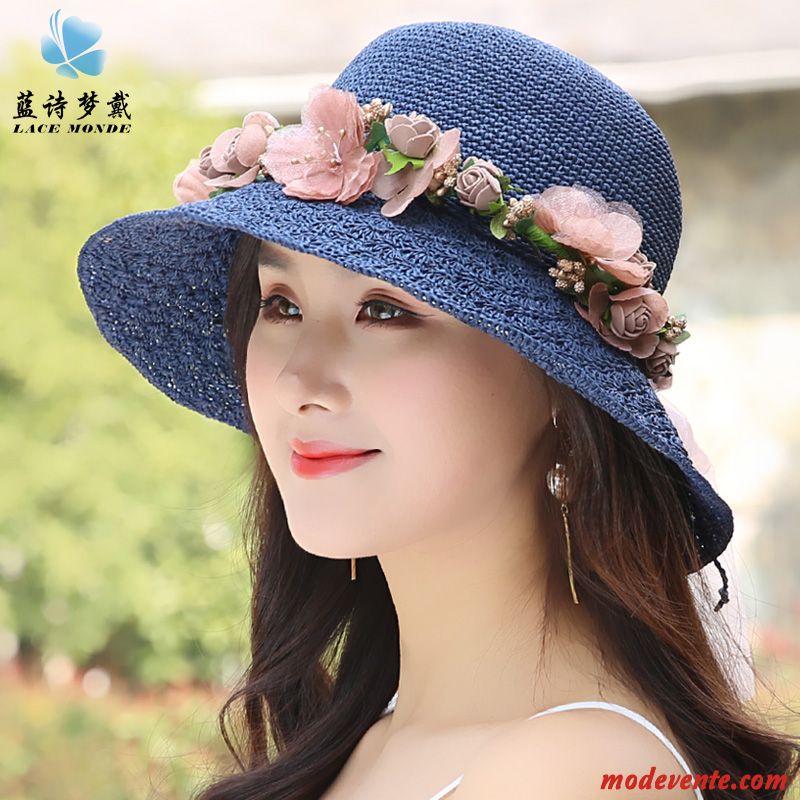 Chapeau Femme Bord De Mer Chapeau De Soleil Crème Solaire Frais Plier Voyage Bleu Marin