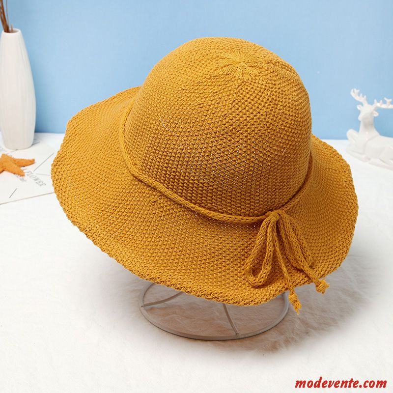 Chapeau Femme Ombre Doux Été Étanche Au Vent Chapeau De Pêcheur Chapeau De Paille Jaune