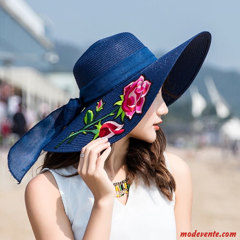 Chapeau Femme Ruban Voyage Chapeau De Soleil Fleurs Ombre Chapeau De Paille Bleu