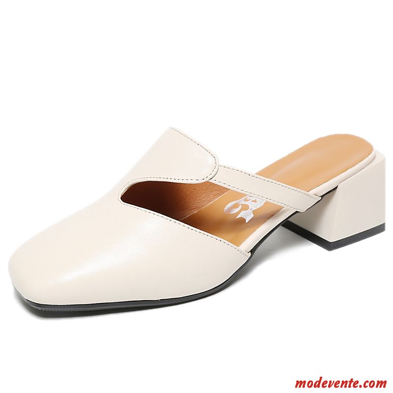 Chaussons Femme Talon Moyen Épais Outwear Printemps Rétro Tongs Chaussons Blanc