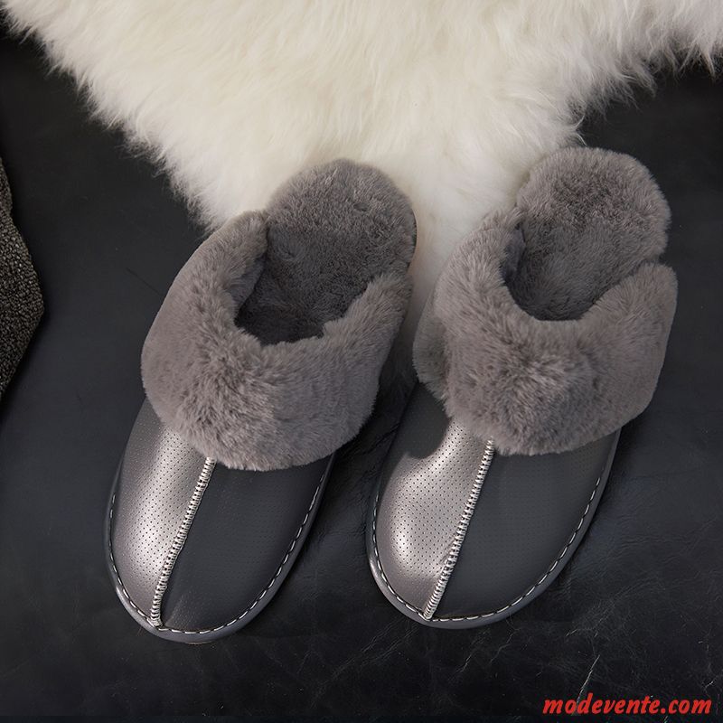 Chaussons Homme Antidérapant Tongs Chaussons Femme De Maison Hiver En Cuir Gris