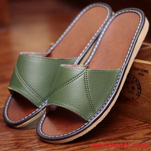 Chaussons Homme Intérieur Antidérapant Été Respirant Cuir Véritable Femme Vert