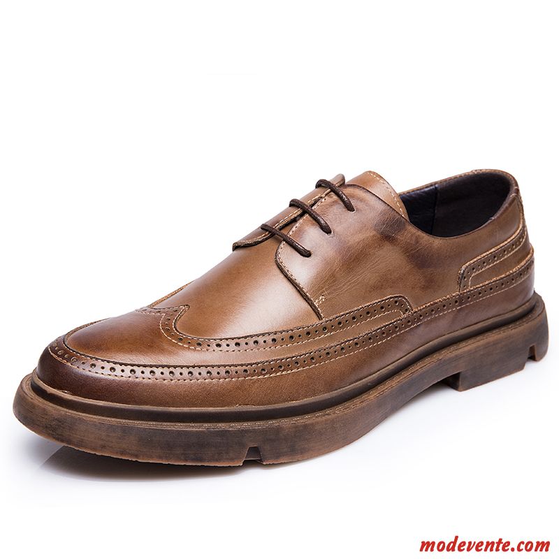 Chaussures De Ville Homme Semelle Épaisse Tendance Tous Les Assortis Chaussures En Cuir Fleur Mariée Jaune Marron