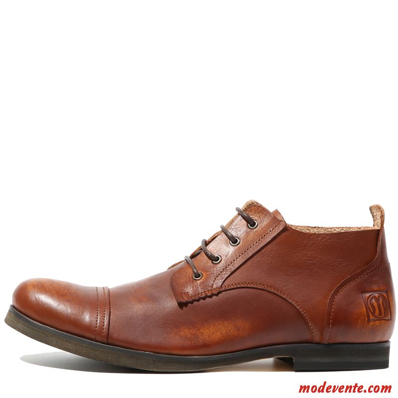 Chaussures De Ville Homme Tendance Cuir Véritable Chaussures En Cuir Bout Rond Décontractée Rétro Marron