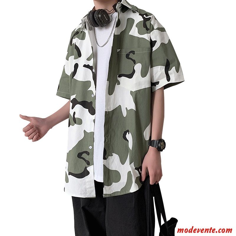 Chemise Homme Baggy Camouflage Tendance Beau Courte Manteau Vert