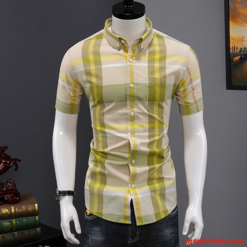 Chemise Homme Baggy Tendance Courte De Travail Été Décontractée Jaune