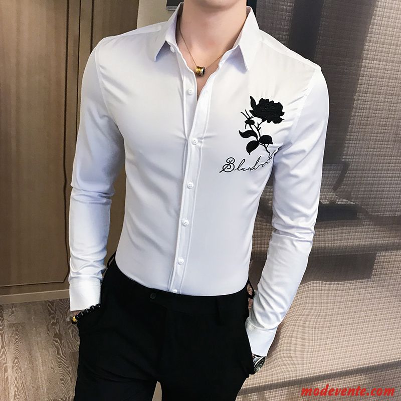 Chemise Homme Brodé Personnalité Slim Tendance L'automne Longues Blanc