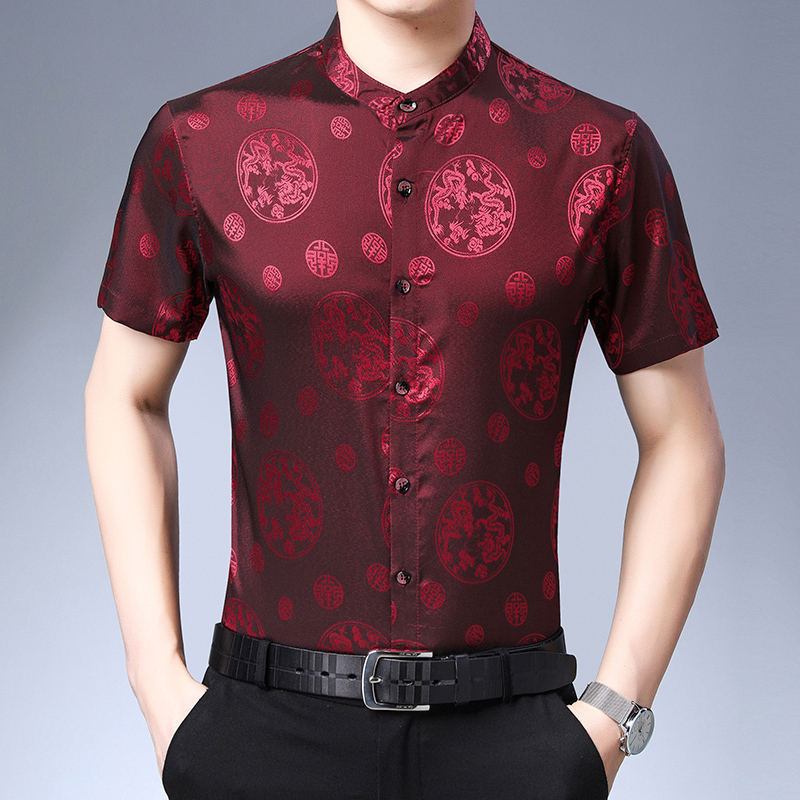 Chemise Homme Chemisette Décontractée Baggy Style Chinois Tendance Été Impression Rouge