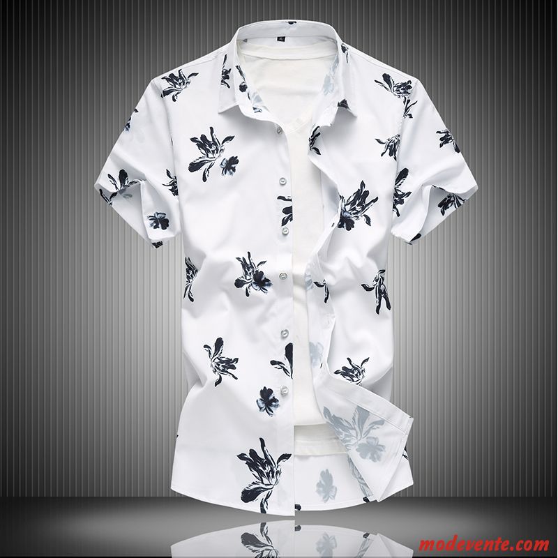 Chemise Homme Courte Tendance Fleur Grande Taille Été Baggy Impression Blanc