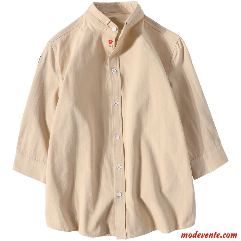 Chemise Homme Courte Tendance Été Manche Slim Col Mandarin Blanc Jaune