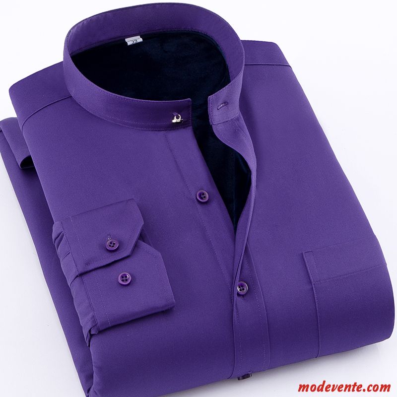 Chemise Homme De Travail Col Rond Longues Col Mandarin Style Chinois Slim Pure Violet