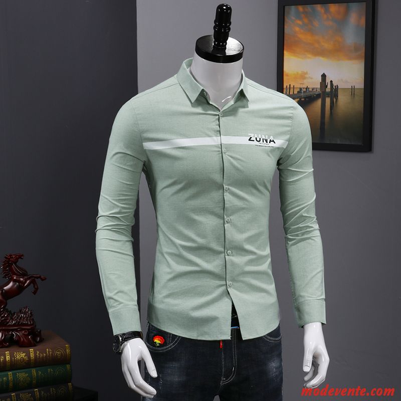 Chemise Homme De Travail Slim Tendance Longues Décontractée Jeunesse Impression Blanc Vert