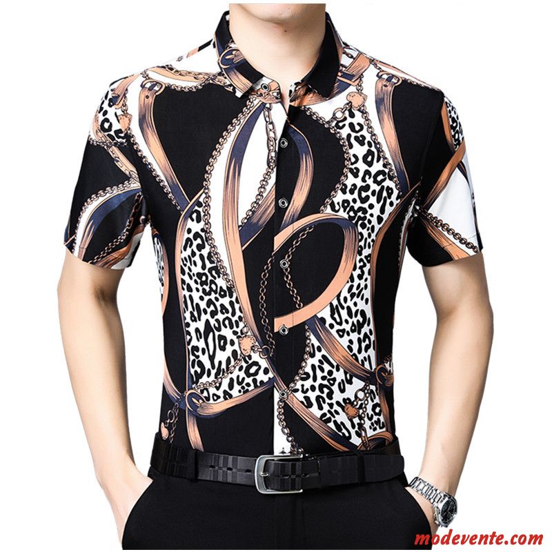 Chemise Homme De Travail Été Fleur Courte Jeunesse Mode Noir