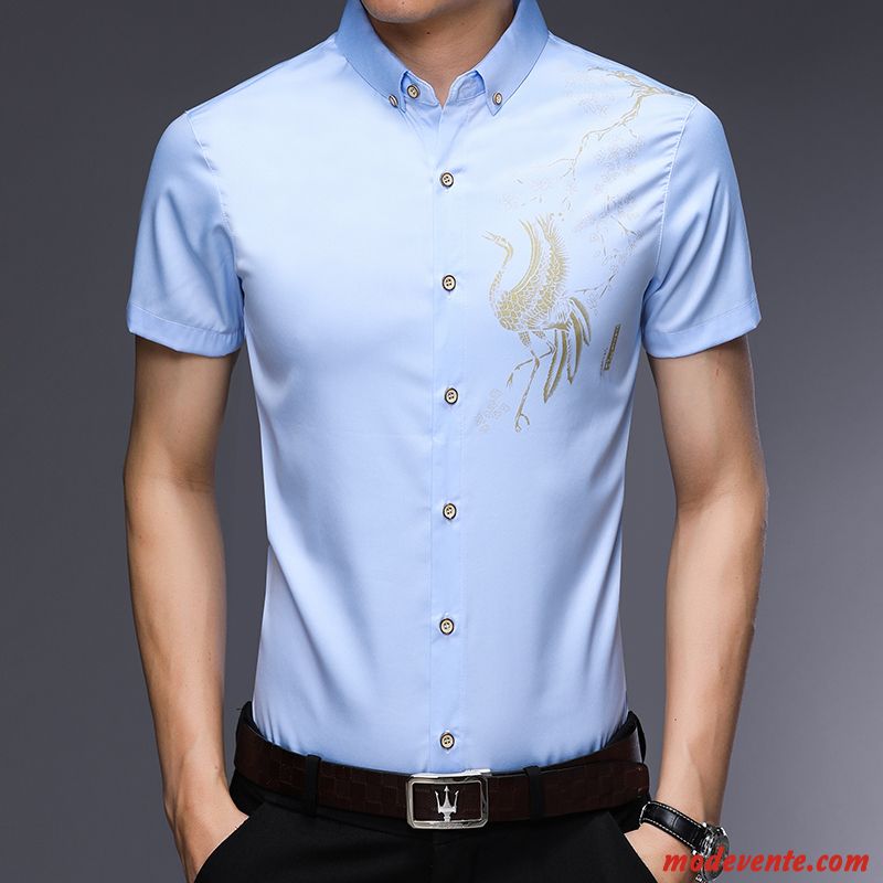 Chemise Homme Décontractée Beau Mince Courte Tendance Été Impression Bleu