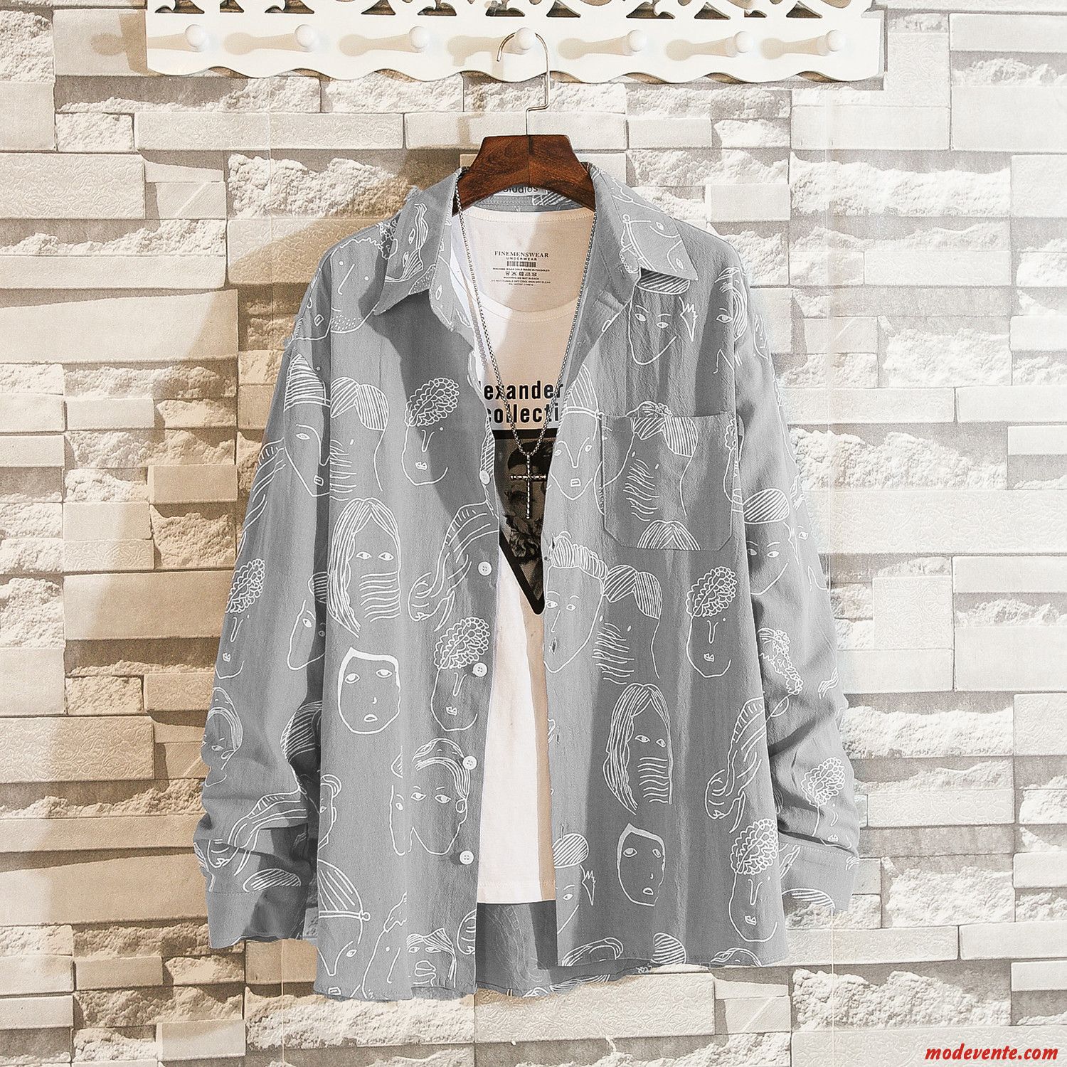 Chemise Homme Fantaisie Baggy Beau Manteau Longues Décontractée Impression Gris