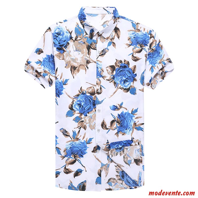 Chemise Homme Fleur Tendance Été Style Chinois Demi Manche Courte Rose Impression Bleu