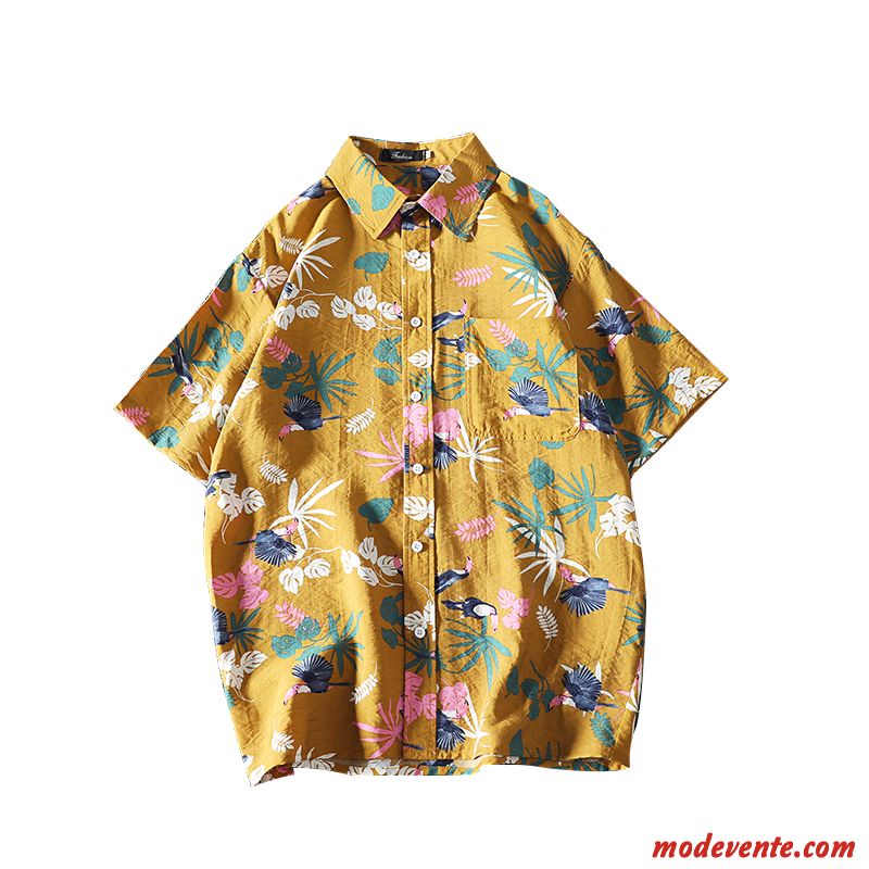 Chemise Homme Grande Taille Été Courte Baggy Tendance Gras Impression Jaune