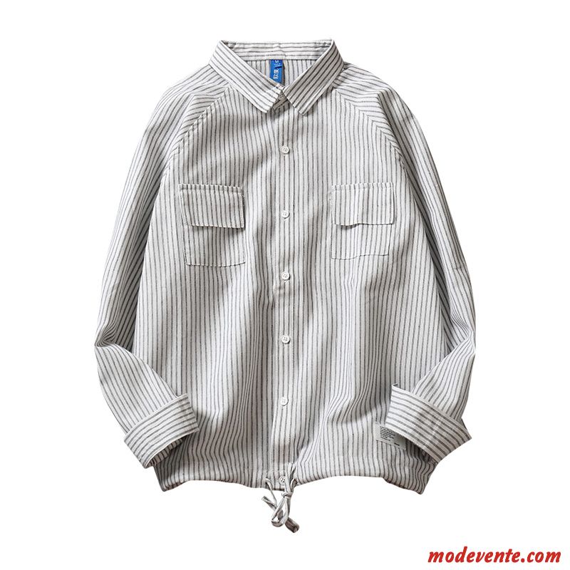 Chemise Homme L'automne Rayé Décontractée Les Adolescents Art Longues Blanc