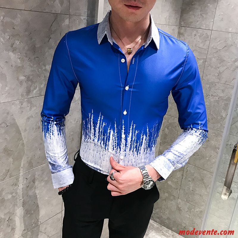 Chemise Homme L'automne Slim Longues Fleur Personnalité Épissure Impression Bleu Rouge