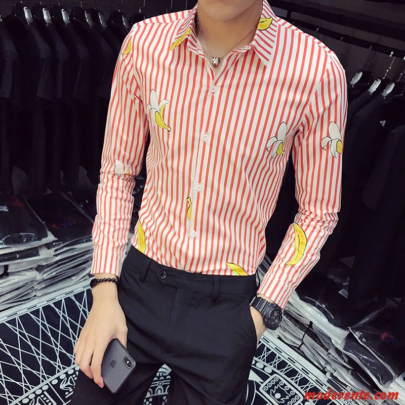 Chemise Homme L'automne Slim Rayé Les Adolescents Tendance Longues Impression Rose