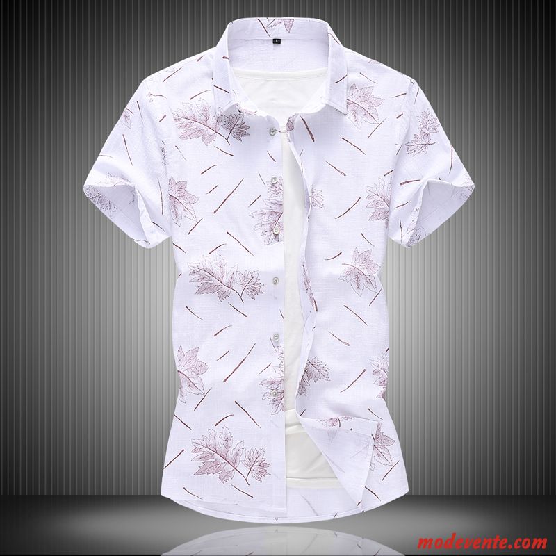 Chemise Homme Lin Grande Taille Été Fleur Chemisette Demi Manche Blanc