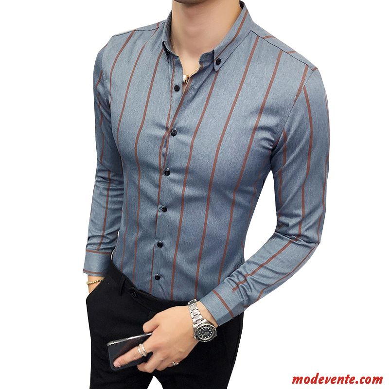 Chemise Homme Longues Anti-rides Britanique Rayé Jeunesse De Travail Bleu