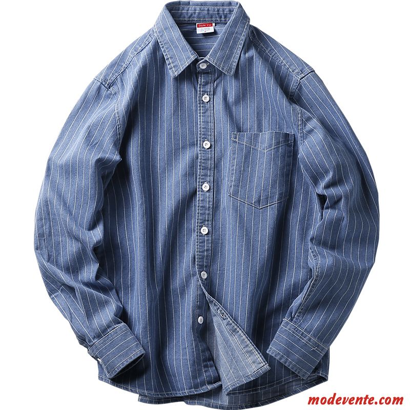 Chemise Homme Longues Tendance Beau Rayé Manteau Baggy Bleu