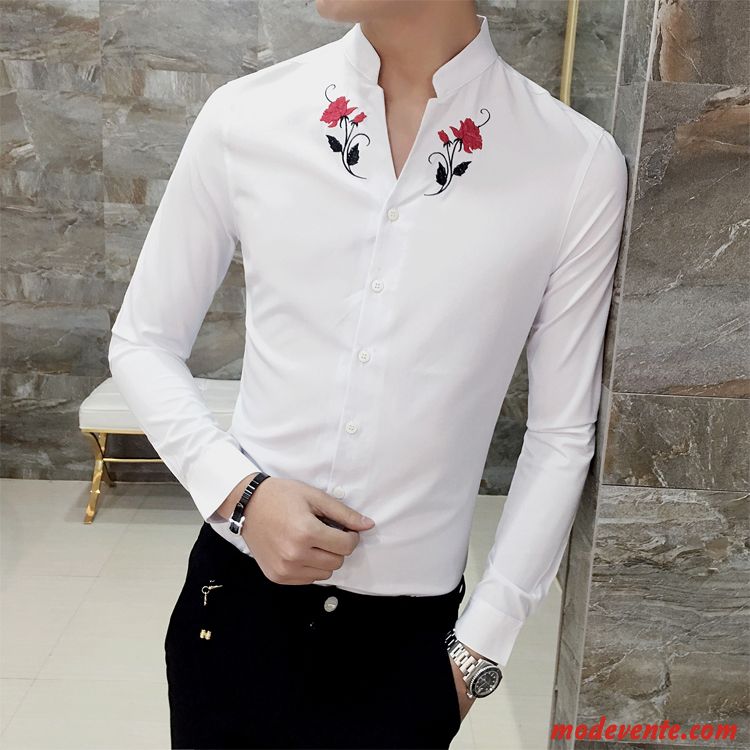 Chemise Homme Légère Printemps Jeunesse Slim Brodé Longues Blanc