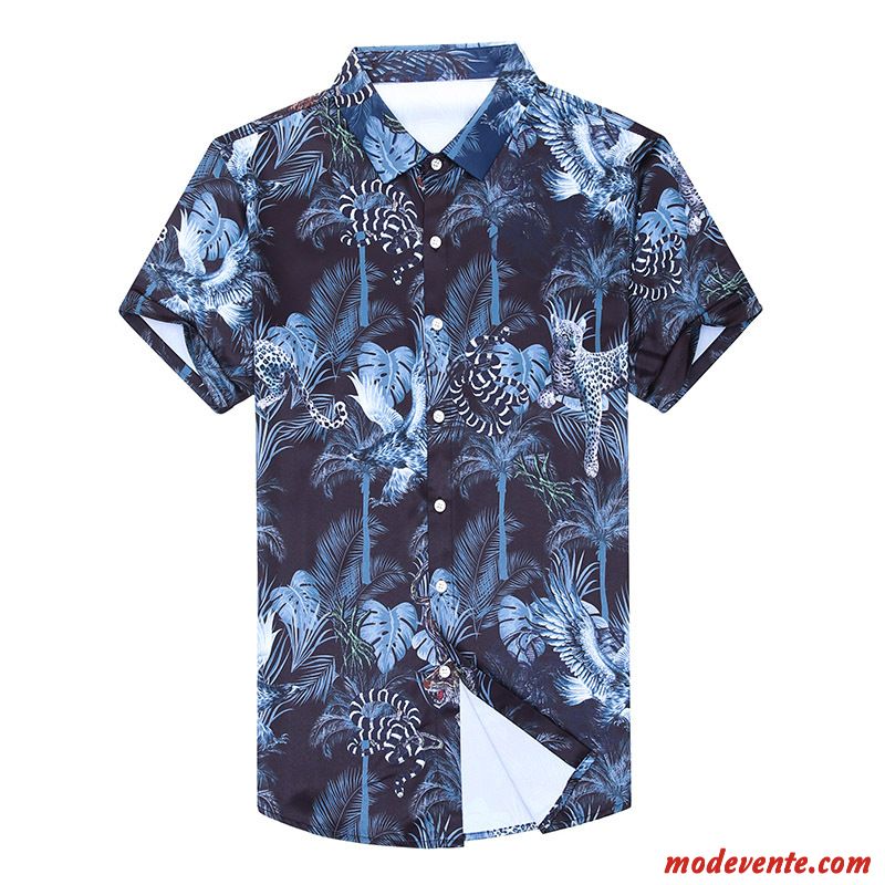 Chemise Homme Léopard Été Fleur Mode Modèle Animal Impression Bleu