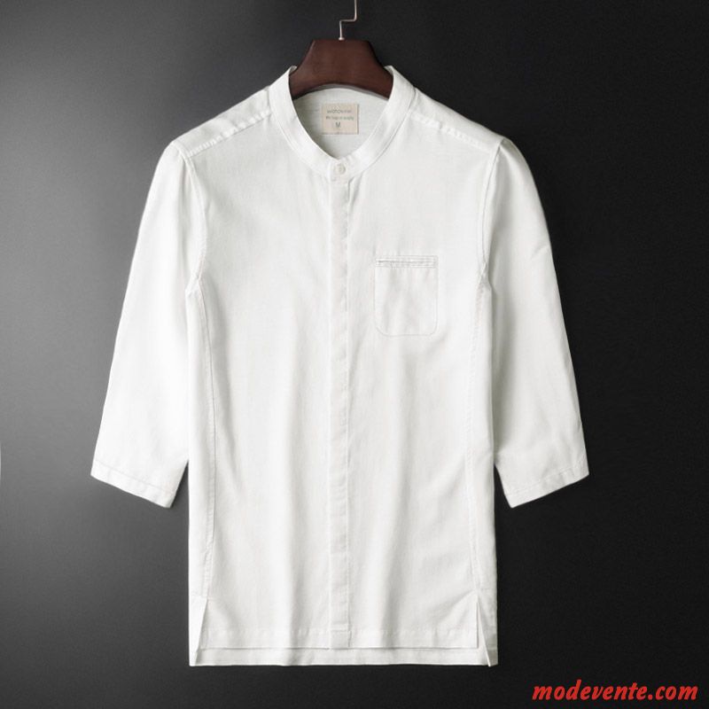 Chemise Homme Manche Style Chinois Décontractée Coton Et Lin Col Mandarin Blanc