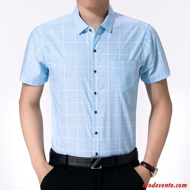 Chemise Homme Mince Été Baggy Carreaux Chemisette Décontractée Bleu