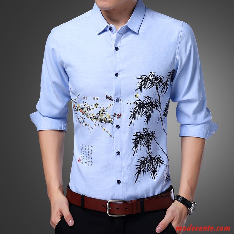 Chemise Homme Modèle Décontractée Feuilles Soie De Glace Tendance Longues Impression Bleu