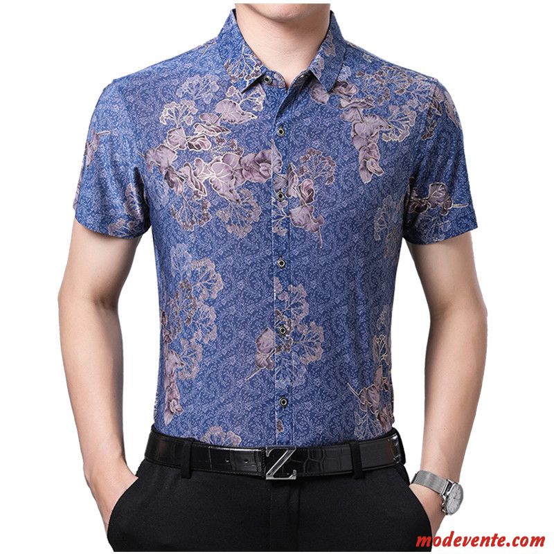 Chemise Homme Modèle Floral Courte Jeunesse Été Fleur Impression Bleu Or