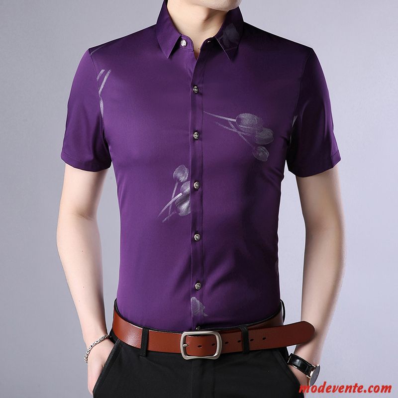 Chemise Homme Outwear Tendance Chemisette Décontractée Mince Beau Impression Violet