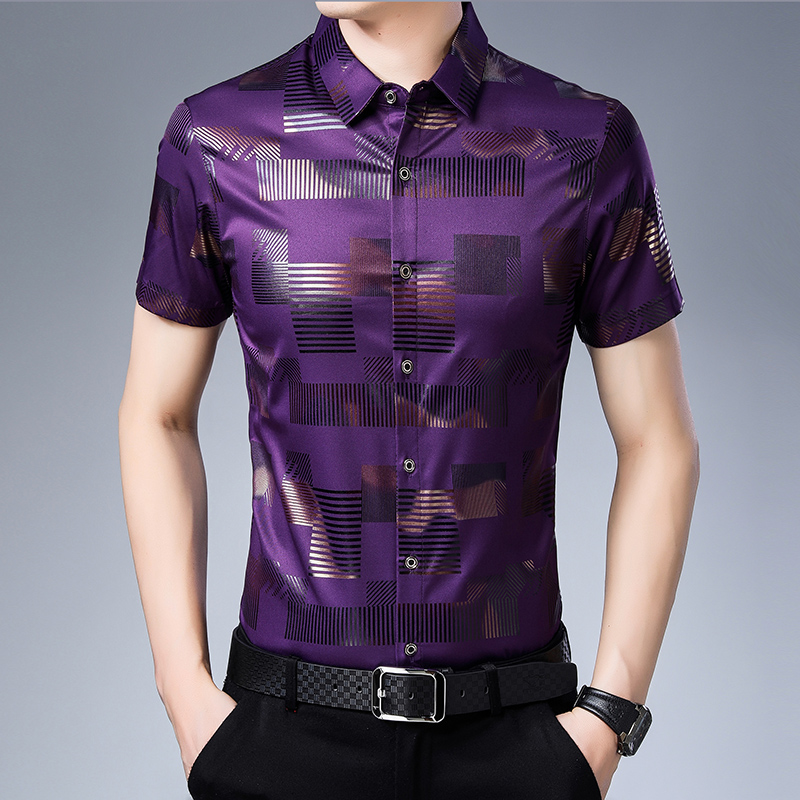 Chemise Homme Rayé Décontractée Carreaux Beau Tendance Été Violet