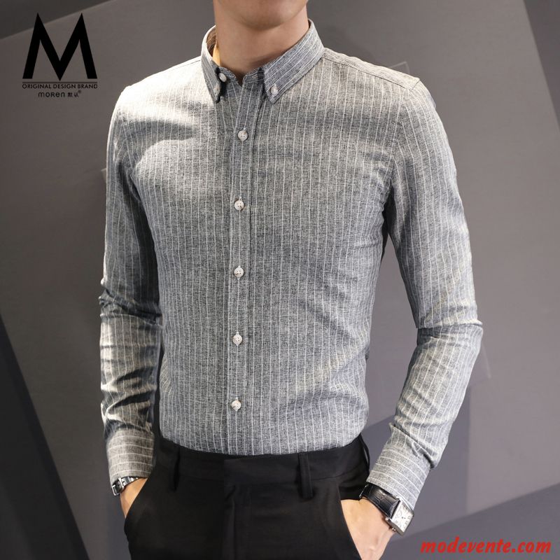 Chemise Homme Rayé Longues Jeunesse Tendance Slim L'automne Gris