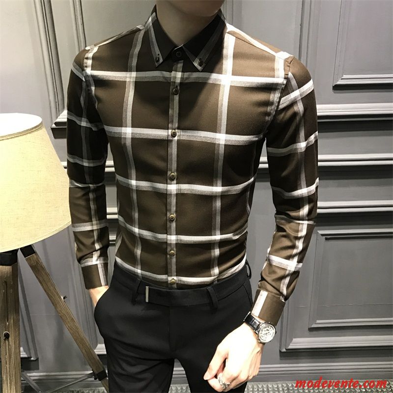 Chemise Homme Slim Décontractée Britanique Beau Mode Carreaux Brun