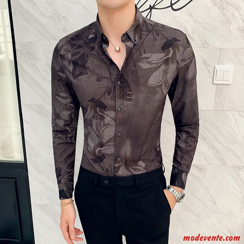 Chemise Homme Slim Longues Décontractée Beau Tendance Vacances Impression Noir