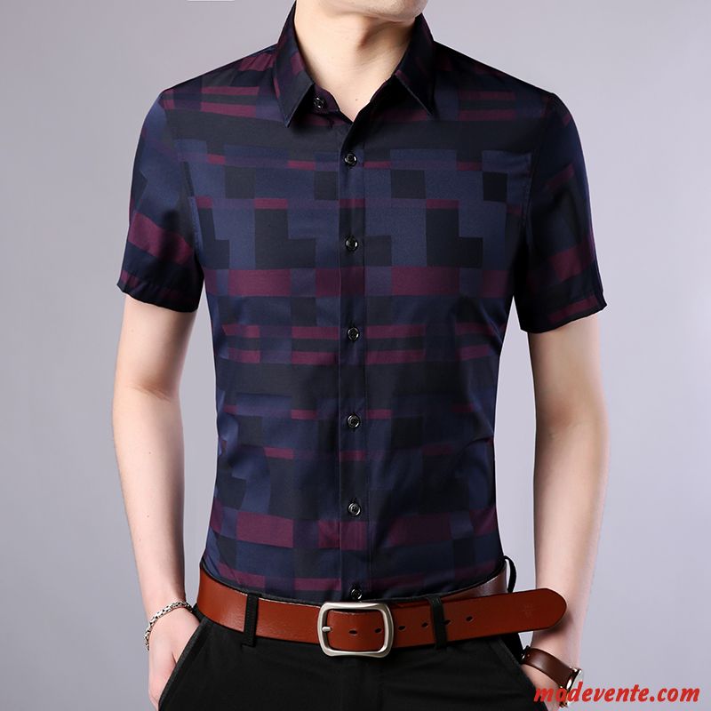 Chemise Homme Tendance Courte Été Carreaux Décontractée Couleurs Mixtes Rouge