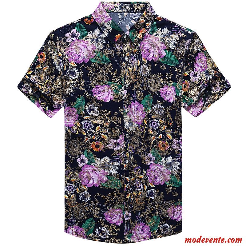 Chemise Homme Tendance Mode Personnalité Été Fleurs Modèle Impression Violet Or